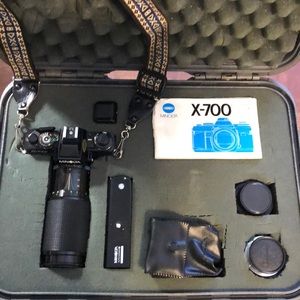 Minolta x-700 SLR Camera w/ 3 Lenses, Flash, Autowinder, Case & Strap